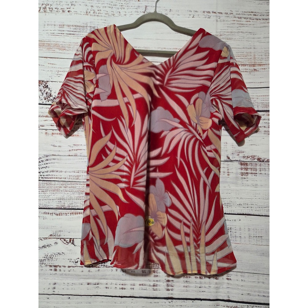 Midnight Velvet Red Tropical Floral Chiffon V-Neck Blouse Womens Vintage